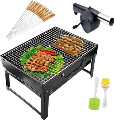 FirePitPalace Charcoal Grills - Portable Barbecue Grill Folding BBQ Grill, (2 Spatula, 1 BBQ, 10 Skewers, 1 Air Blower) Barbeque Grill, Outdoor Grill Tools for Camping Hiking Picnics Traveling - BLACK Charcoal Grill
