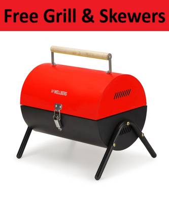 WELLBERG Portable Barrel-Style Griller with Skewers & Mesh Perfect for Outdoor Adventures Charcoal Grill