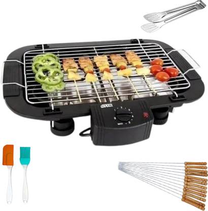 Holy Delight Portable and easy to operate Electric BBQ for both Indoor/Outdoor use with Tong, 12 skewers & 2 Oil brush Electric Grill