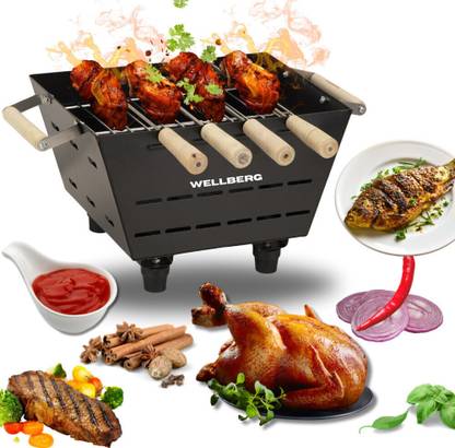 WELLBERG Compact coal Barbeque Griller | 4 Skewers | Easy Ash Cleanup | Sturdy Design Charcoal Grill