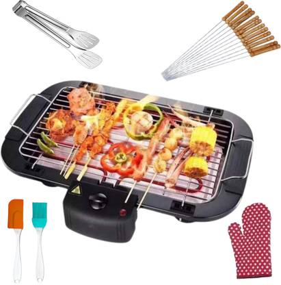 Rexmon Portable electric BBQ Easy to use With 12 Skewers , 2 Oil brush , A Tong & A Pair of Gloves Electric Grill