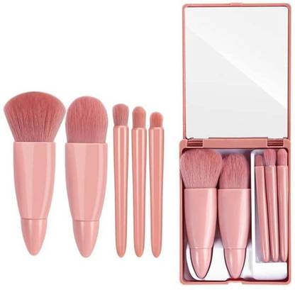 crownsmill Travel Makeup Brush Set 5pcs Mini Cosmetic Brushes with Mirror and Case