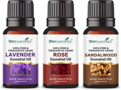 She Essentials Sandalwood Essential Oil | Rose | Lavender for Hair, Skin & Aromatherapy