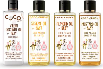 COCO CRUSH Natural Cold Pressed Oils: Almond, Virgin Coconut, Sesame & Mustard Oil(4*100ml)