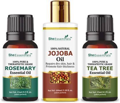 She Essentials Rosemary Essential Oil | Tea Tree | Jojoba Carrier Oil for Hair, Skin