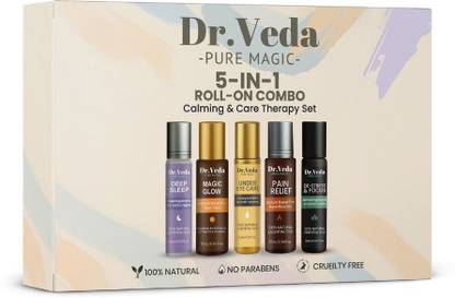 DrVeda 5-in-1 Essential Oil Roll-On Combo | Sleep, Pain , Stress Relief, EyeCare & Glow