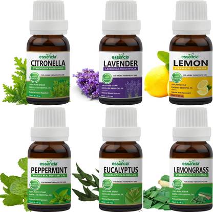 essancia Pack of 6 Essential Oils Citronella, Lavender, Lemon, Peppermint, Eucalyptus, Lemongrass Essential Oils Combo Pack. For Skin, Boosts immunity, Improves hair health, Reduce Dandruff Face & Aromatherapy. 100% Pure, Natural, Undiluted, & Therapeutic Grade Essential Oils.