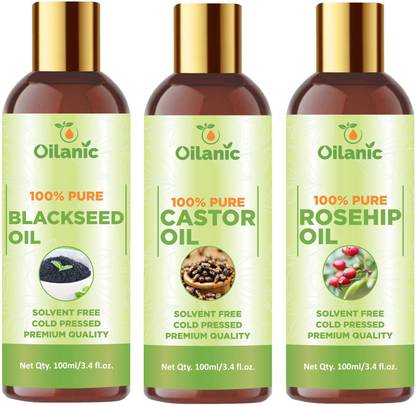 Oilanic Premium Blackseed Oil, Castor Oil & Rosehip Oil Combo pack of 3 bottles of 100 ml(300 ml)