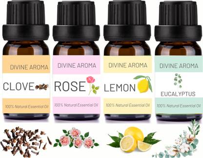 Divine Aroma Smell Training Kit Clove,Lemon,Rose &Eucalyptus 100% Natural &Pure Essential Oil