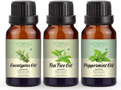 Young Chemist Pack of 3 Eucalyptus, Tea Tree & Peppermint Essential oils Combo (15 ML x 3)