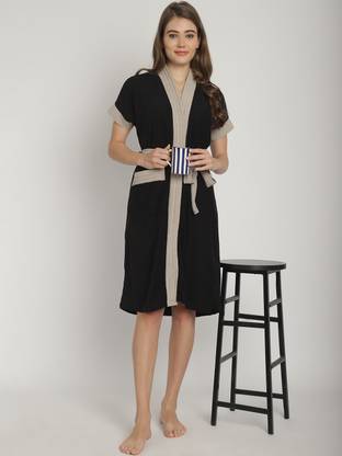 ELEVANTO Black, Grey Free Size Bath Robe