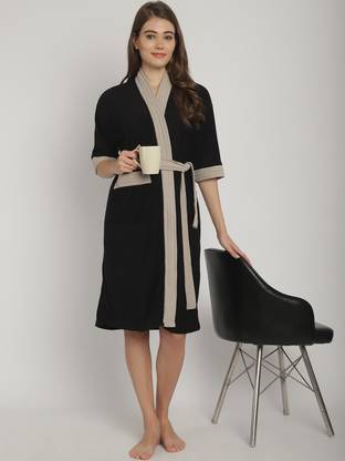 ELEVANTO Black, Grey Free Size Bath Robe