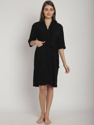 ELEVANTO Black Free Size Bath Robe