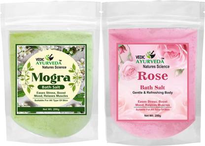 VEDICAYURVEDA Mogra & Rose Bath Salt Combo 2 x 200G Spa Salt for Muscles Aches Pain Relief