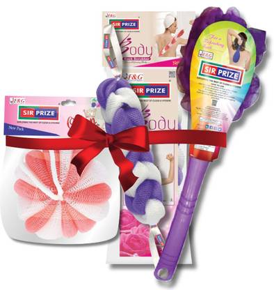 Sir Prize Bath Wash Soft Round & Back Body Loofah Scrubber Sponge with Long Handle -3Pcs