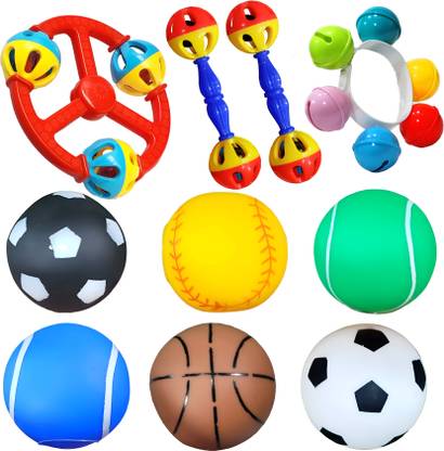 BABRO 6 Pcs Bath Aquatic Ball Chu Chu Toy with 3 Pcs Mix Rattle Toy for Newborn Babies Bath Toy