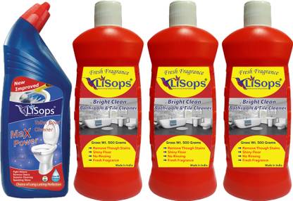 LiSops Bright Clean Bathroom & Tile Cleaner (3x Gross wt. 500 g) & Max Power Glossy Cleaning Formula Lemon Liquid Toilet Cleaner (1x Gross wt. 750 g) (Combo of 4) Multi-Fragrance