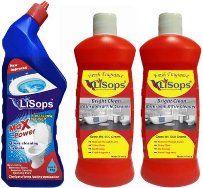 LiSops Bright Clean Bathroom & Tile Cleaner Multi-Fragrance(500 x 2)ml & Max Power Glossy Cleaning Formula Lemon Liquid Toilet Cleaner 1 Litre Multi-Fragrance