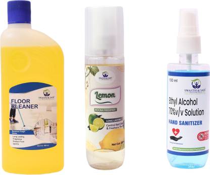 SWASTH & SAFE Combo of Floor Cleaner, Air Freshener A and Hand Sanitizer 70% mist spray Lemon