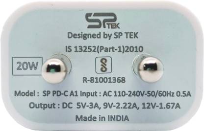 SP TEK 20 W PD 4 A Wall Charger for Mobile with Detachable Cable
