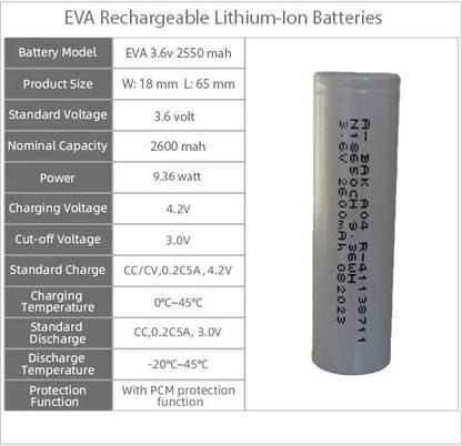 eva batteries 3.6V 2600 mah 18650 Lithium cell  Battery