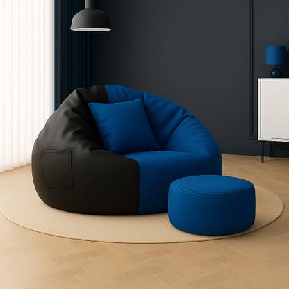 SHIRA 24 4XL Bean Bag with Footrest & Cushion Ready to Use with Beans ( Blue::Black-4XL) Bean Bag Sofa  With Bean Filling