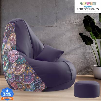 Flipkart Perfect Homes XXXL PatternPuff Bag With Free Cushion and Puffy , Mandala Patterns-Indigo Teardrop Bean Bag  With Bean Filling