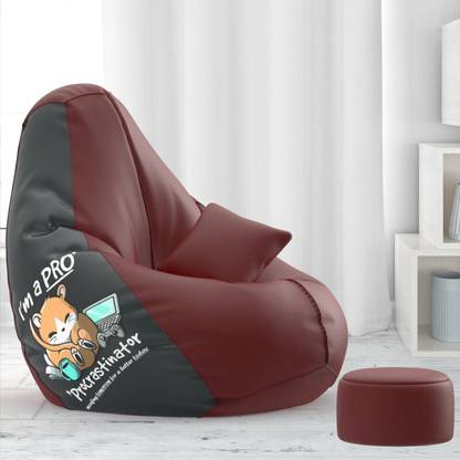 Flipkart Perfect Homes 4XL PatternPuff Bag With Free Cushion and Puffy , I Am A Pro - Maroon Grey Teardrop Bean Bag  With Bean Filling