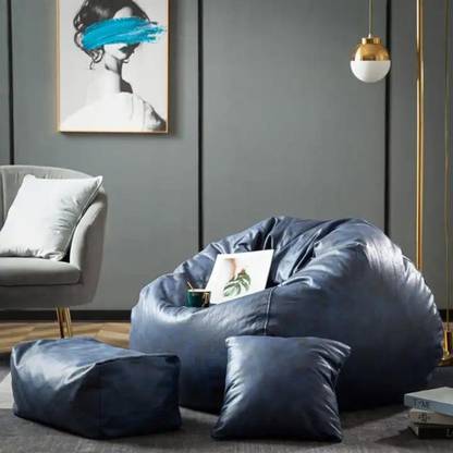 Kam's Lieu XXL Premium Imported Leather Bean Bag with Footrest and Cushion | Ready To Use Teardrop Bean Bag  With Bean Filling