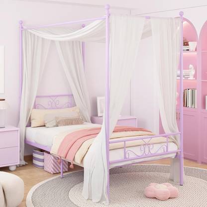 ADORN MART TWIN Purple Headboard and Footboard, 4 Posters Metal Bed Frame Metal King Bed