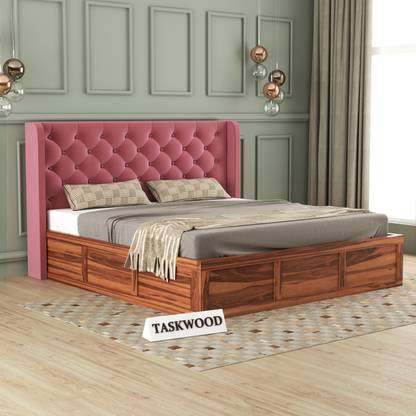 Taskwood Furniture Solid Wood Queen Size Bed With Fabric Headboard And Box Storage For Bedroom Solid Wood Queen Box Bed