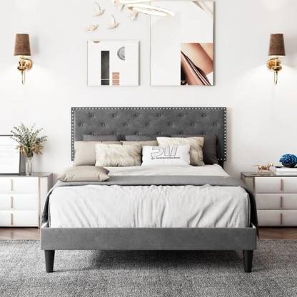 shivang mattress Fabric Queen Size Bed With Button Tufted & Diamond Line Headboard For Bedroom || Engineered Wood Queen Bed