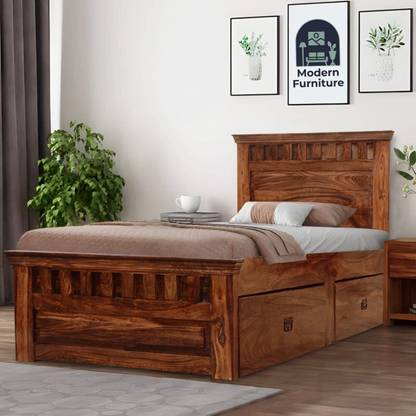 SONA ART & CRAFTS Kuber Trolly Bed Single Natural Solid Wood Single Drawer Bed, 216 cm x 99 cm (7.09 ft x 3.25 ft)