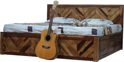 Sheesham Craft Vesto Storage Bed,Unique Headboard Design,NaturalColour,MatteFinished Solid Wood King Box Bed