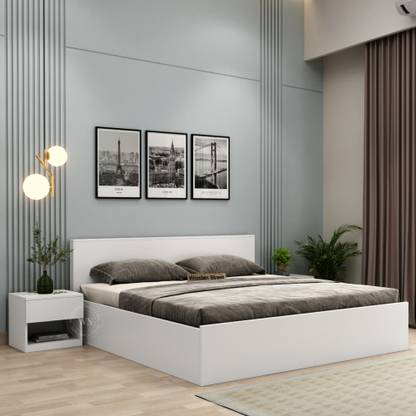 Wooden Street Harper King Bed with Storage, Premium Engineered Wood, Frosty White Finish Engineered Wood King Box Bed