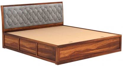 DITHA Furniture Solid Sheesham Wood King Size Bed With Fabric Headboard For Bedroom. Solid Wood King Box Bed