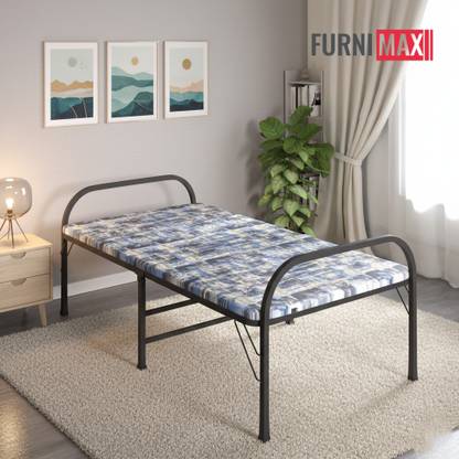 FURNIMAX Folding Bed with Soft Mattress Top 3ft x 6ft Engineered Wood Metal Single Bed Metal Single Bed
