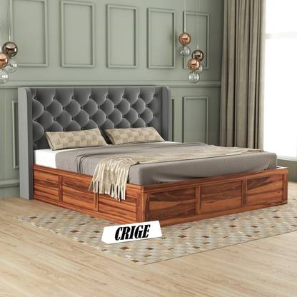 CRIGE Solid Wood Queen Size Bed With Fabric Headboard And Box Storage For Bedroom Solid Wood Queen Box Bed