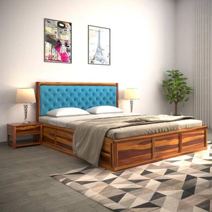 Utkarsh Solid Wood Queen Size Bed With Upholstered Headboard For Bedroom/ Kids Room || Solid Wood Queen Box Bed