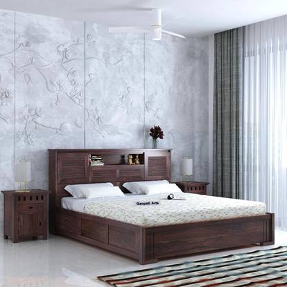 Ganpati Arts Sheesham Wood Maharaja Groove King Bed/Wooden Cot/Palaung For Bedroom/Home/Hotel Solid Wood King Box Bed