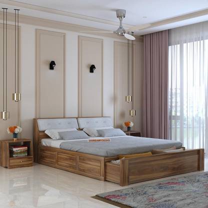 Dreamydesks Sheesham Wood Queen Size Bed with Drawer Storage Solid Wood Queen Drawer Bed