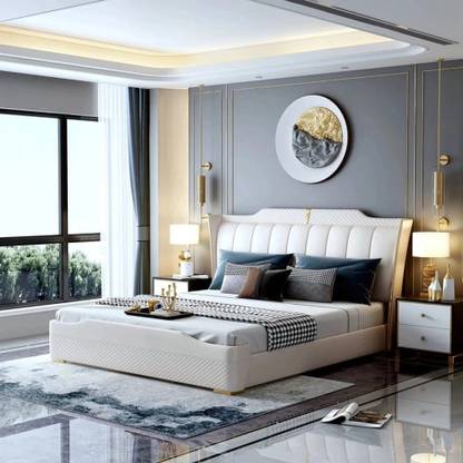 NICE MAPLE NICE MAPLE Superb Luxury Upholstered Bed In White Leatherette(KING SIZE) Solid Wood King Box Bed