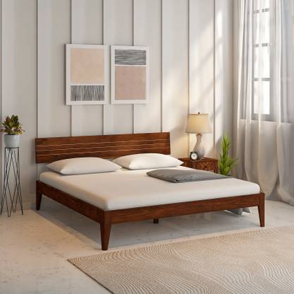 Wakeup India Pully Low Sheesham Wood Bed | Light Rosewood Bed without Storage | 78x60 Inch Solid Wood Queen Bed