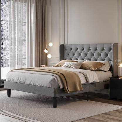 Elyscraft Modern Fabric Grey Size Bed with Soft Cushioned Headboard for Bedroom/Hotel Engineered Wood King Bed