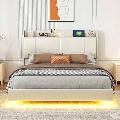 HighTable Queen Size Floating Bed Frame with Storage Solid Wood Double Box Bed