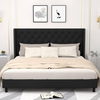 FEBERICA Engineered Wood Fabric Queen Size Bed with Upholstered Headboard for Bedroom | Engineered Wood Queen Bed