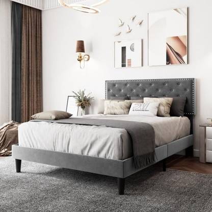 NAPTHRONE Fabric King Size Bed With Button Tufted & Diamond Line Headboard For Bedroom || Engineered Wood King Bed