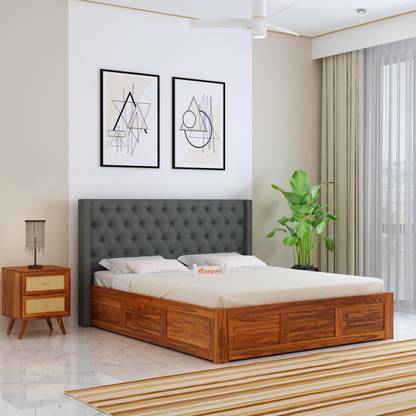 Ganpati Arts Wooden Swiss Upholstered King Bed/Upholstered Solid Wood Bed With Box Storage Solid Wood King Box Bed