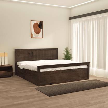 Wakeup India Magama Mango wood Bed | Walnut colour Finish with Storage | 78x72 Inch Solid Wood King Box Bed