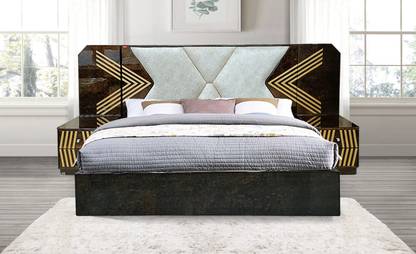 POJ Oscar King Size Upholstered Bed With Geometric Designed Headboard Engineered Wood King Hydraulic Bed